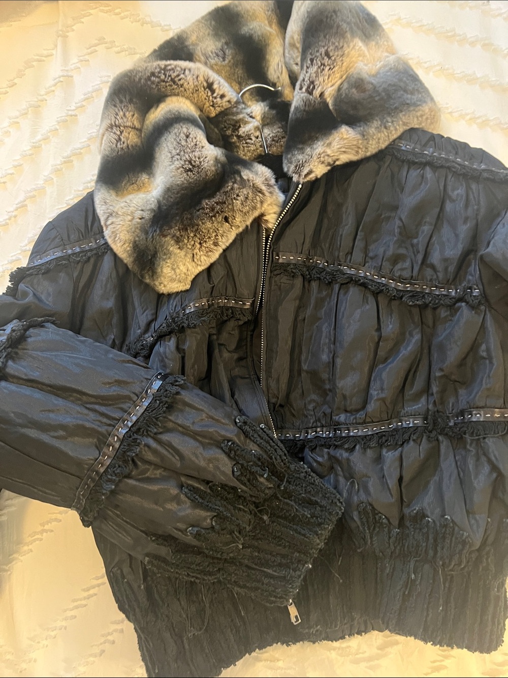 Black beautiful rare black and nylon with white and black thin striped fur top.